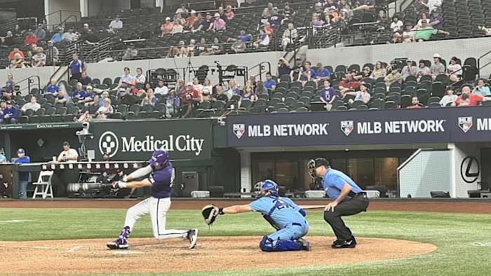 Brayden Taylor at bat for TCU baseball against Kansas in the 2023 Phillips 66 Big 12 Championship.